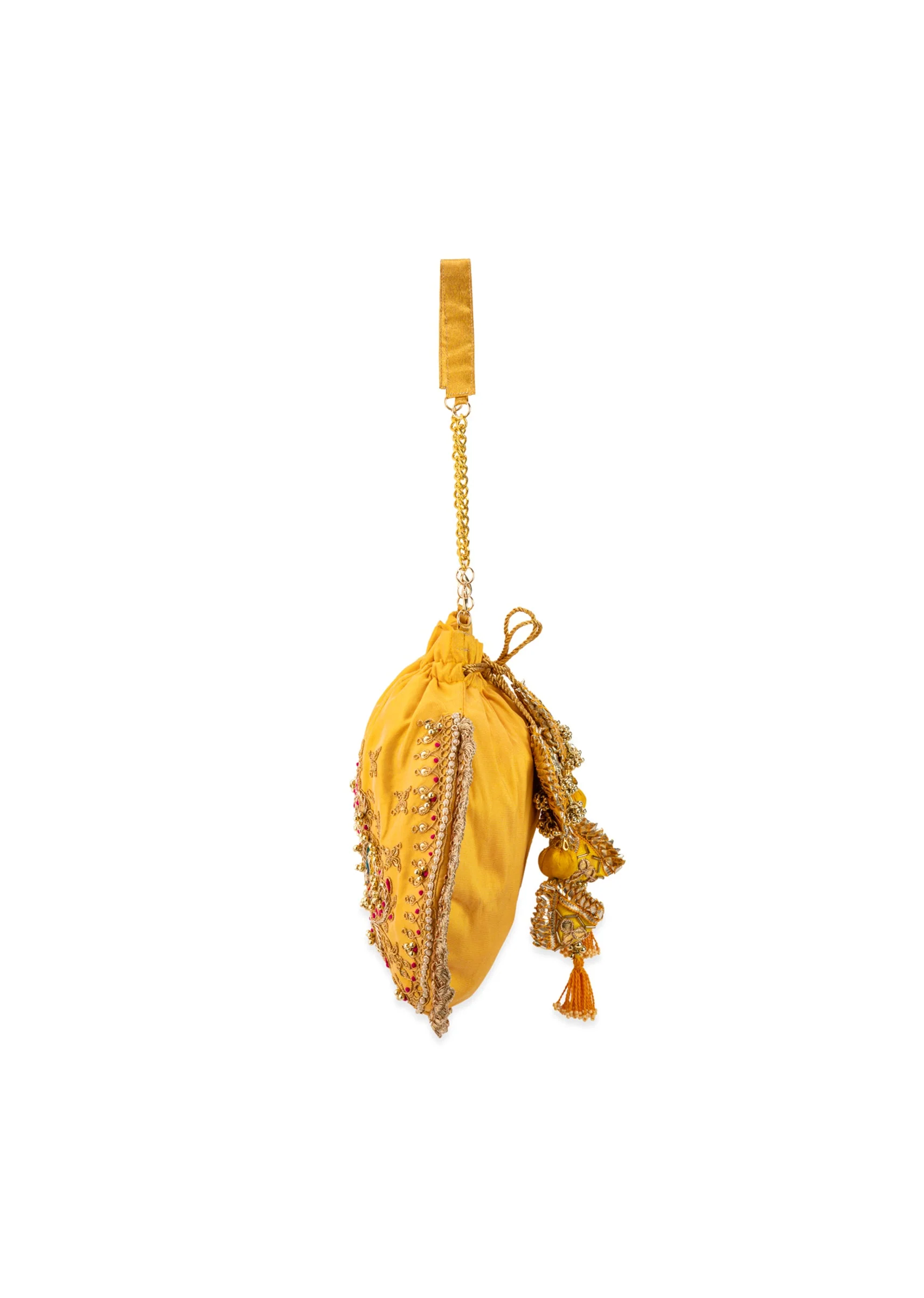 Yellow Silk Peacock Motif Embroidered Potli Bag - Image 5
