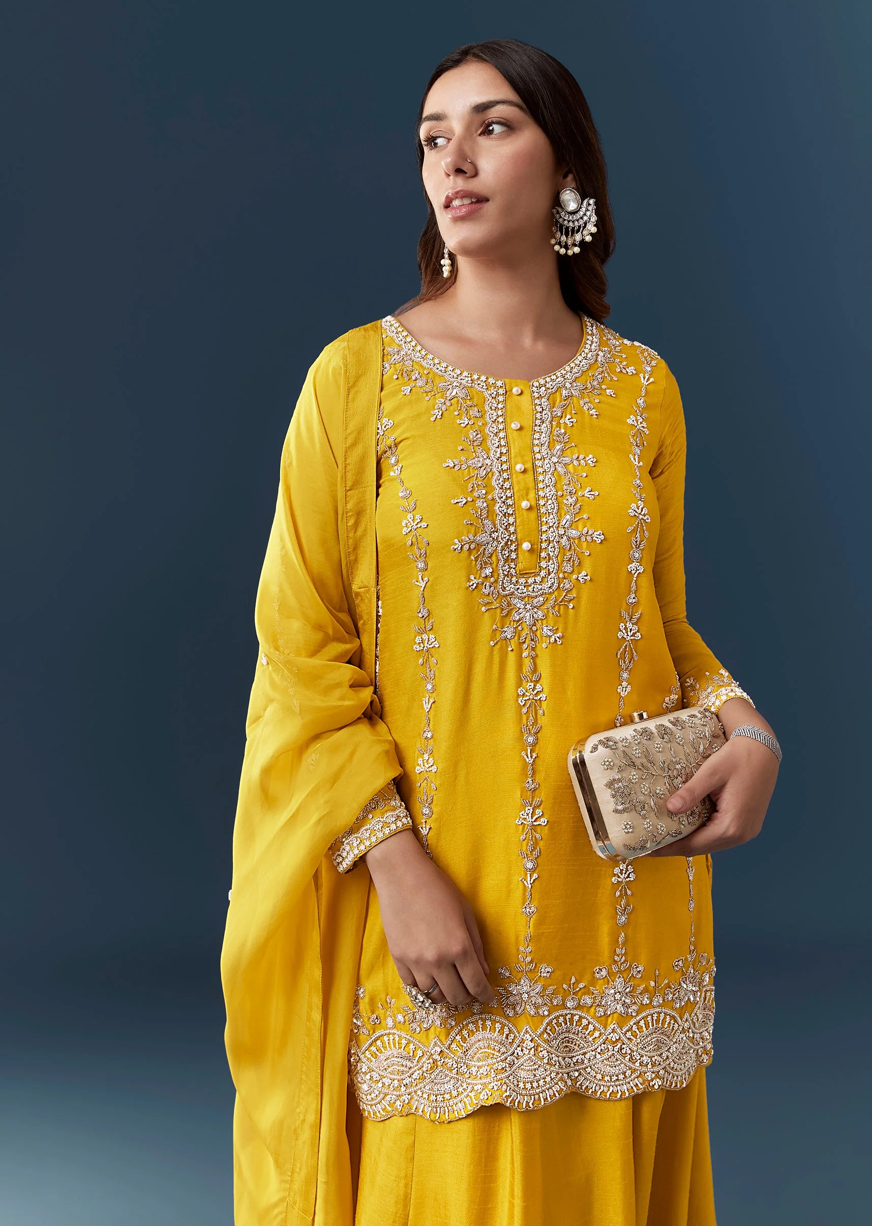 Yellow Silk Sequin Work Kurta and Skirt Set - Image 4