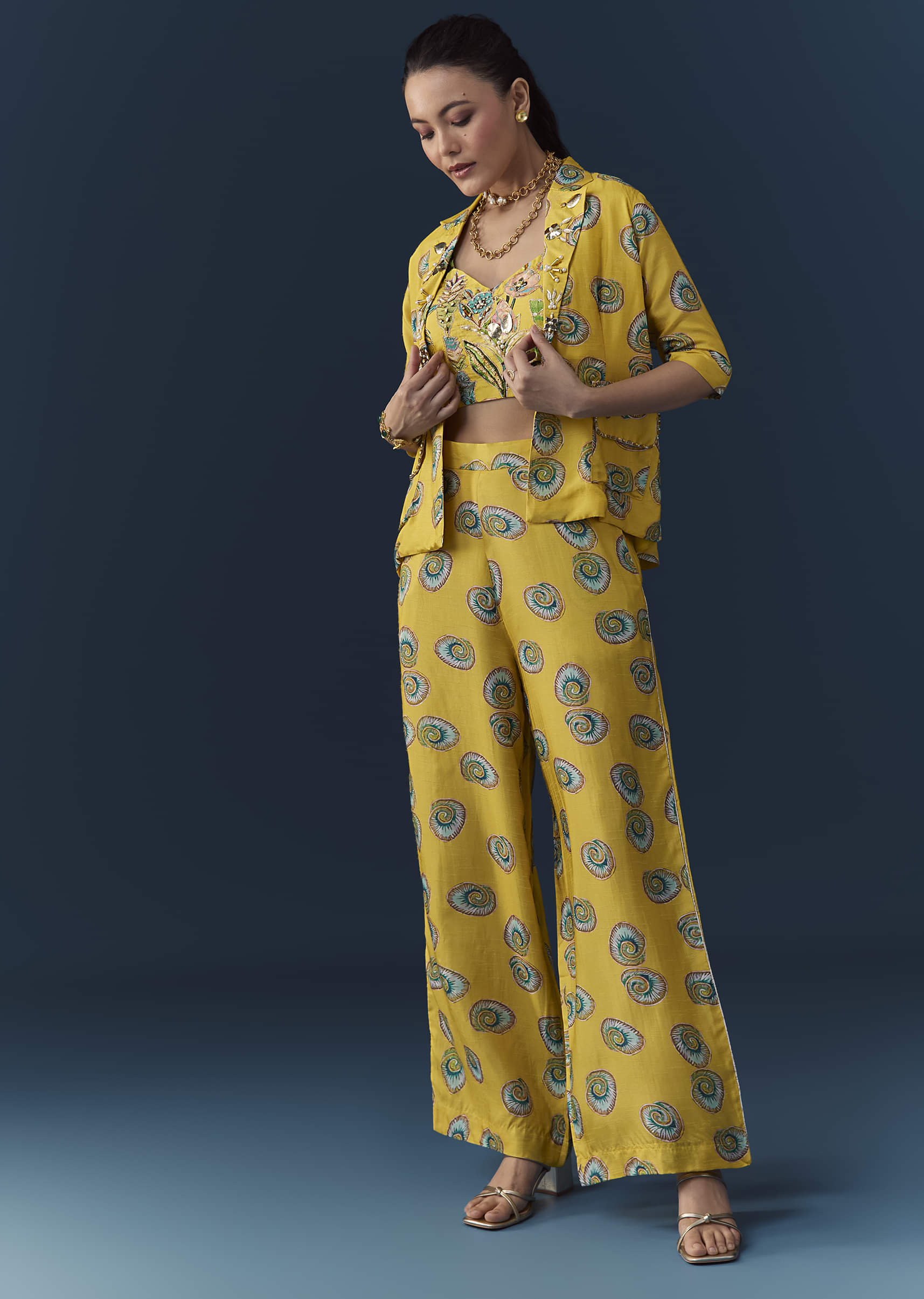 Yellow Silk Shell Print Crop Top Pant Set with Gotta Work