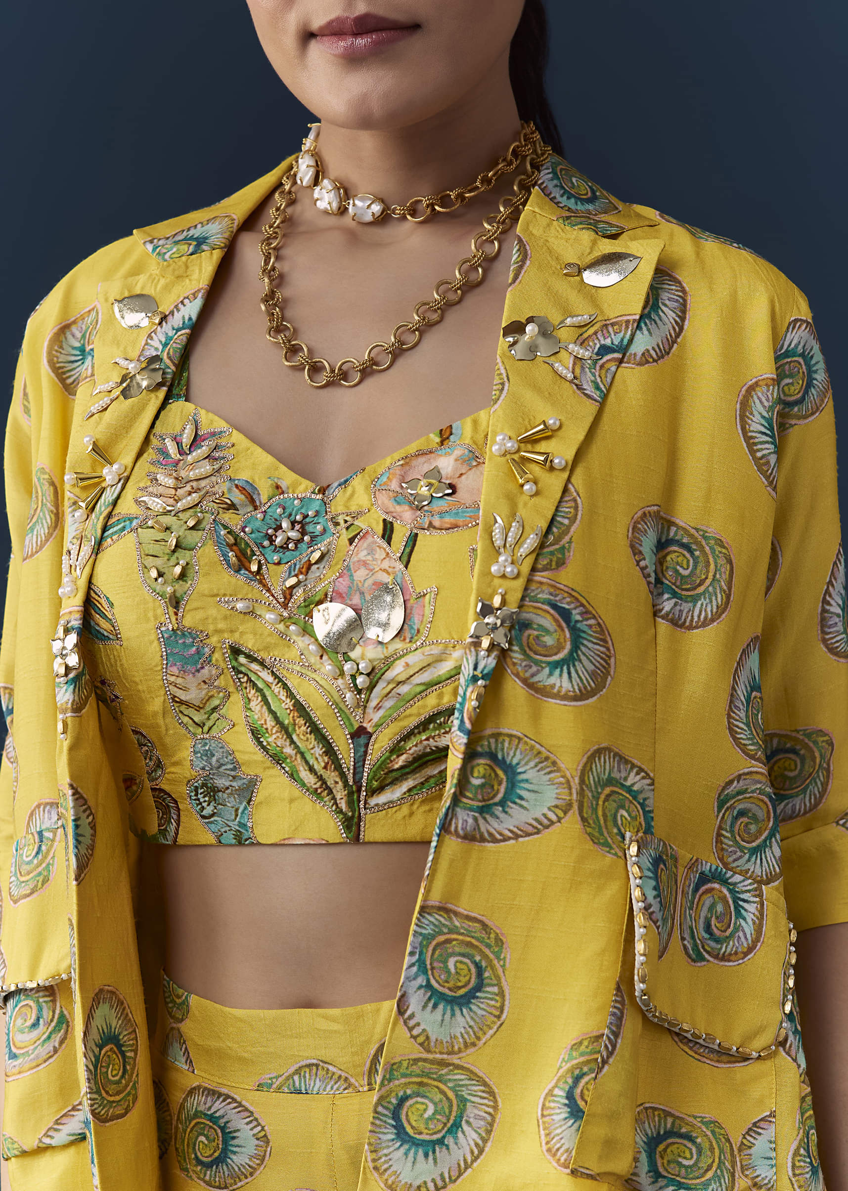 Yellow Silk Shell Print Crop Top Pant Set with Gotta Work - Image 2