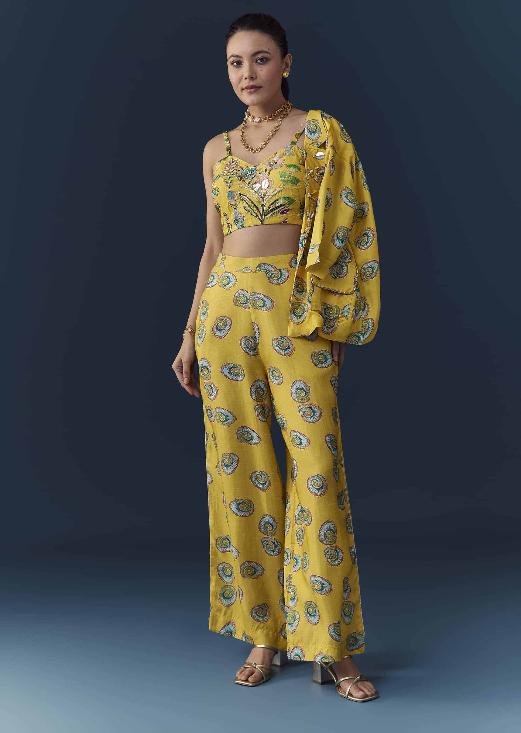 Yellow Silk Shell Print Crop Top Pant Set with Gotta Work - Image 3
