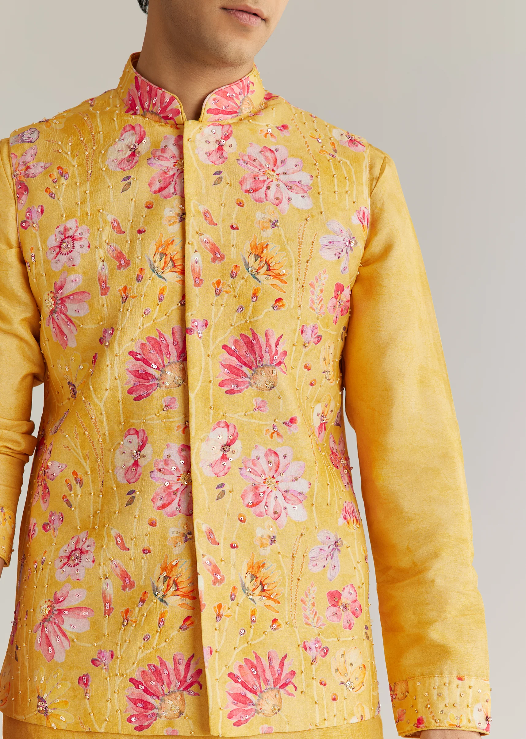 Yellow Silk Stone Sequins Cutdana Kurta Jacket Set - Image 3