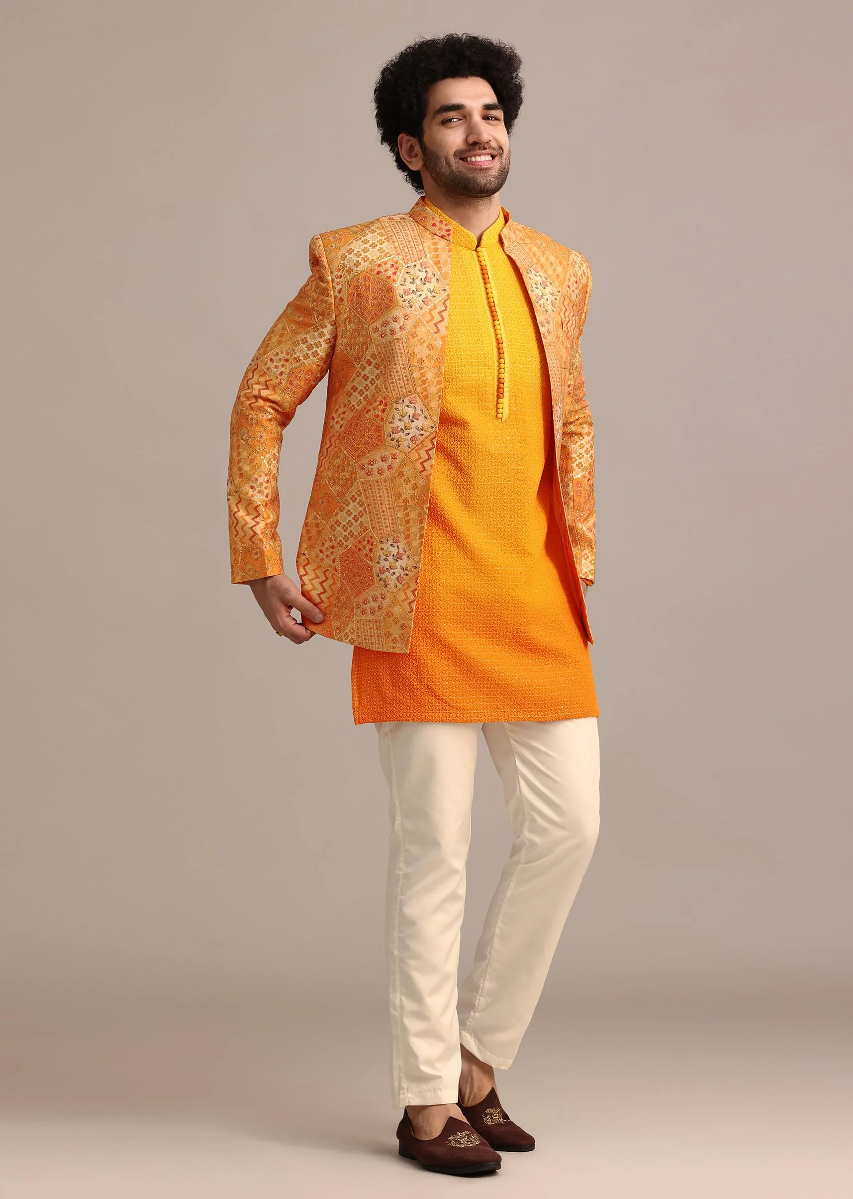 Yellow Silk Thread Resham Work Jodhpuri Kurta Set