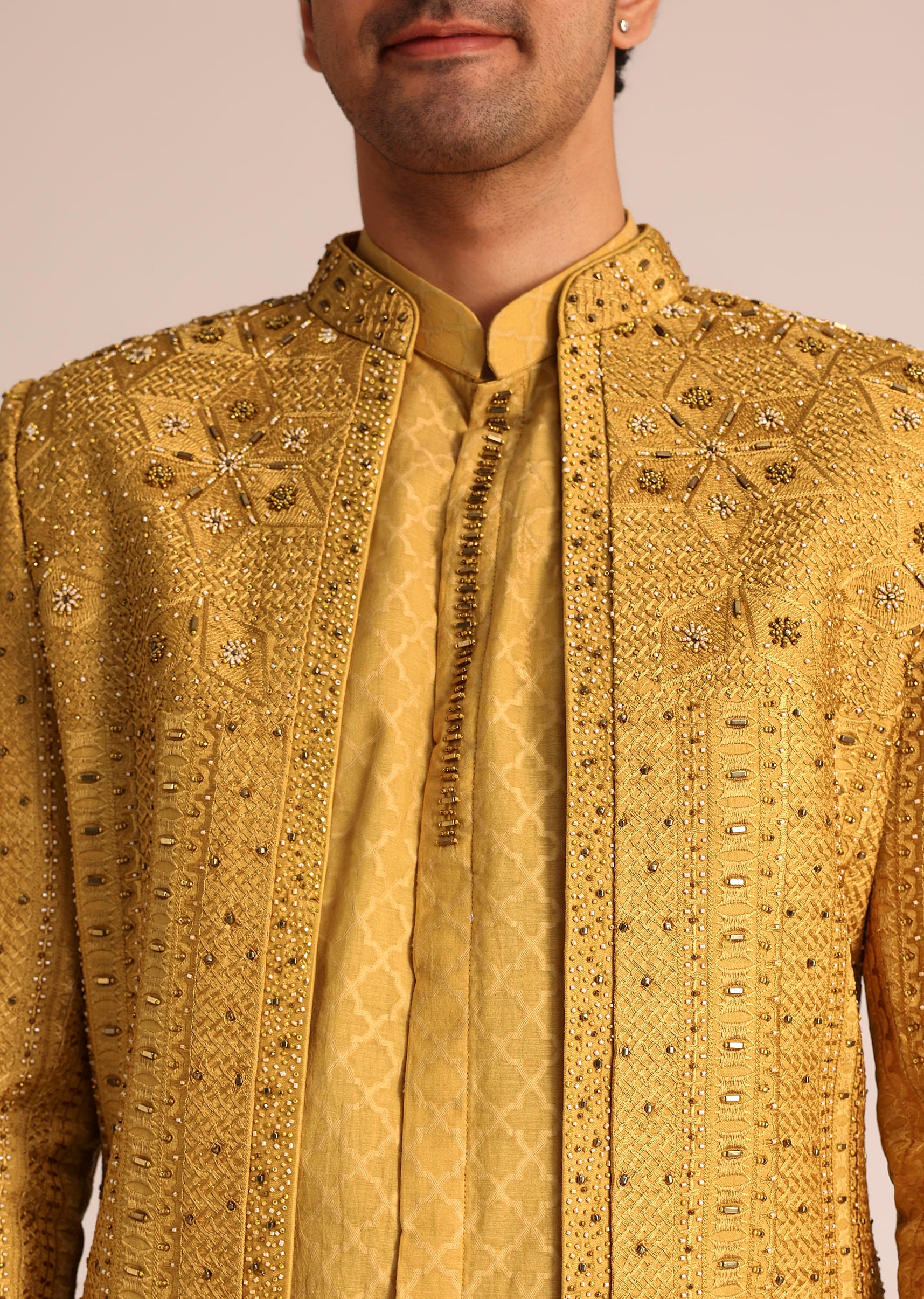 Yellow Silk Zardosi Indowestern Set - Image 3