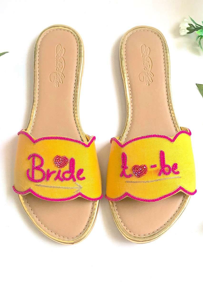 Yellow Slider Flats With Fuchsia Pink Colored Bride To Be Text And Scalloped Edge Online By Sole House - Image 3