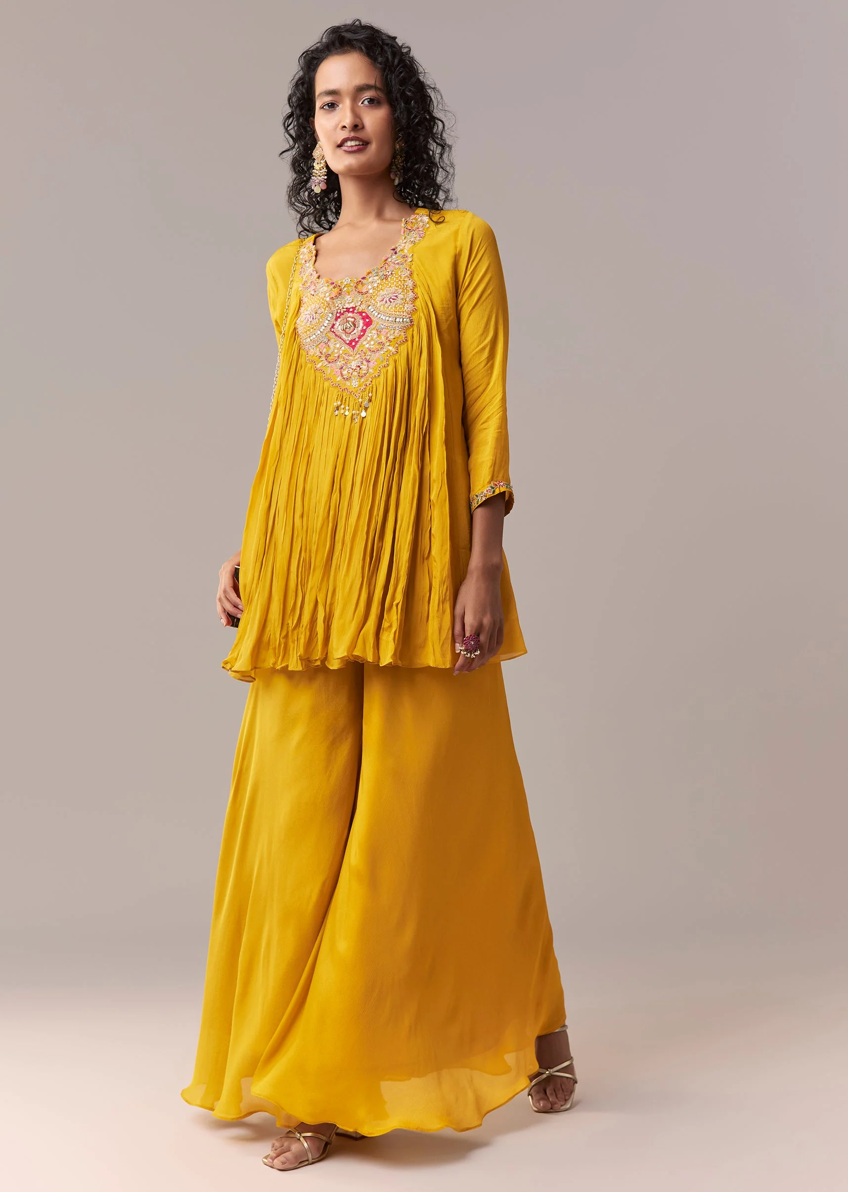 Yellow Thread & Zardosi Palazzo Suit Set - Image 3