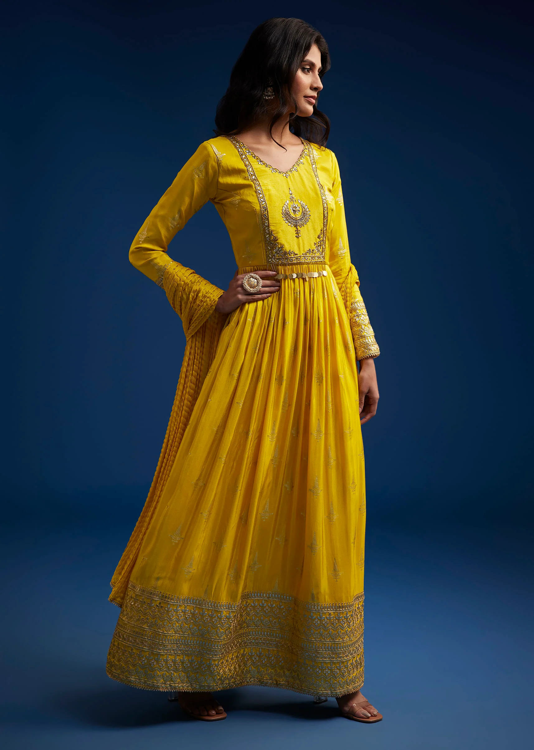Yellow Tissue Anarkali Set With Gotta Work - Image 3