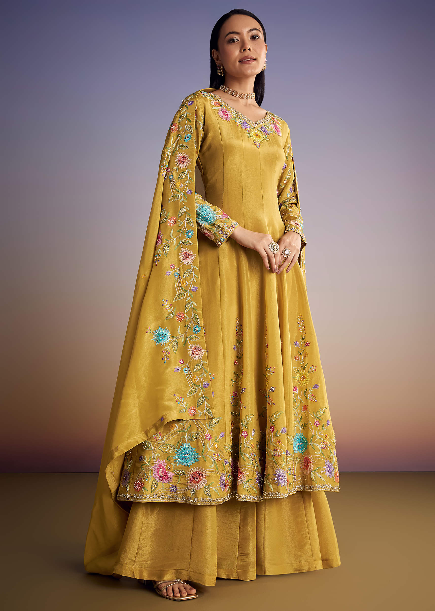 Yellow Tissue Anarkali Set With Resham And Moti Work - Image 3