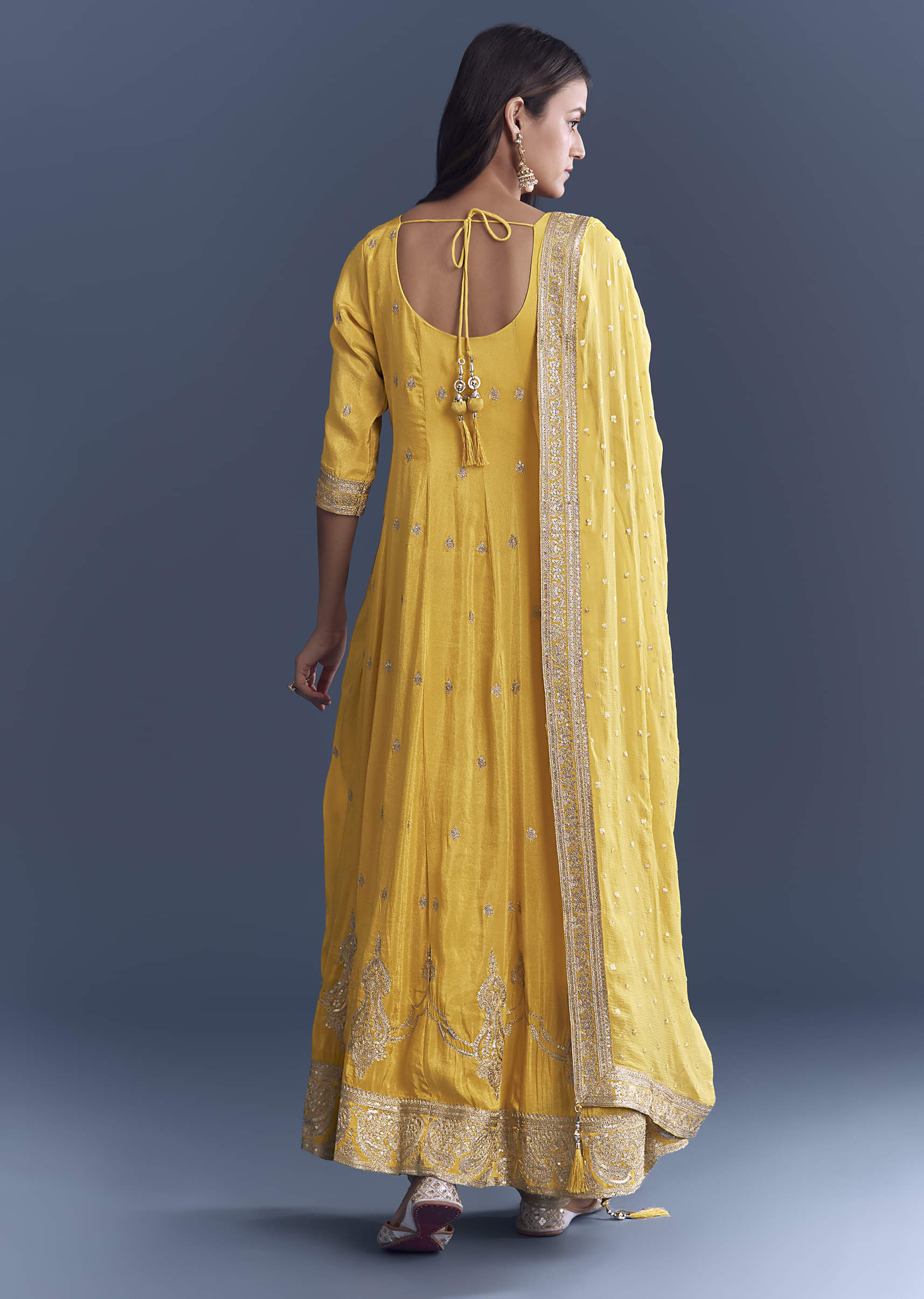 Yellow Tissue Anarkali Suit With Sequins And Zari Work - Image 5