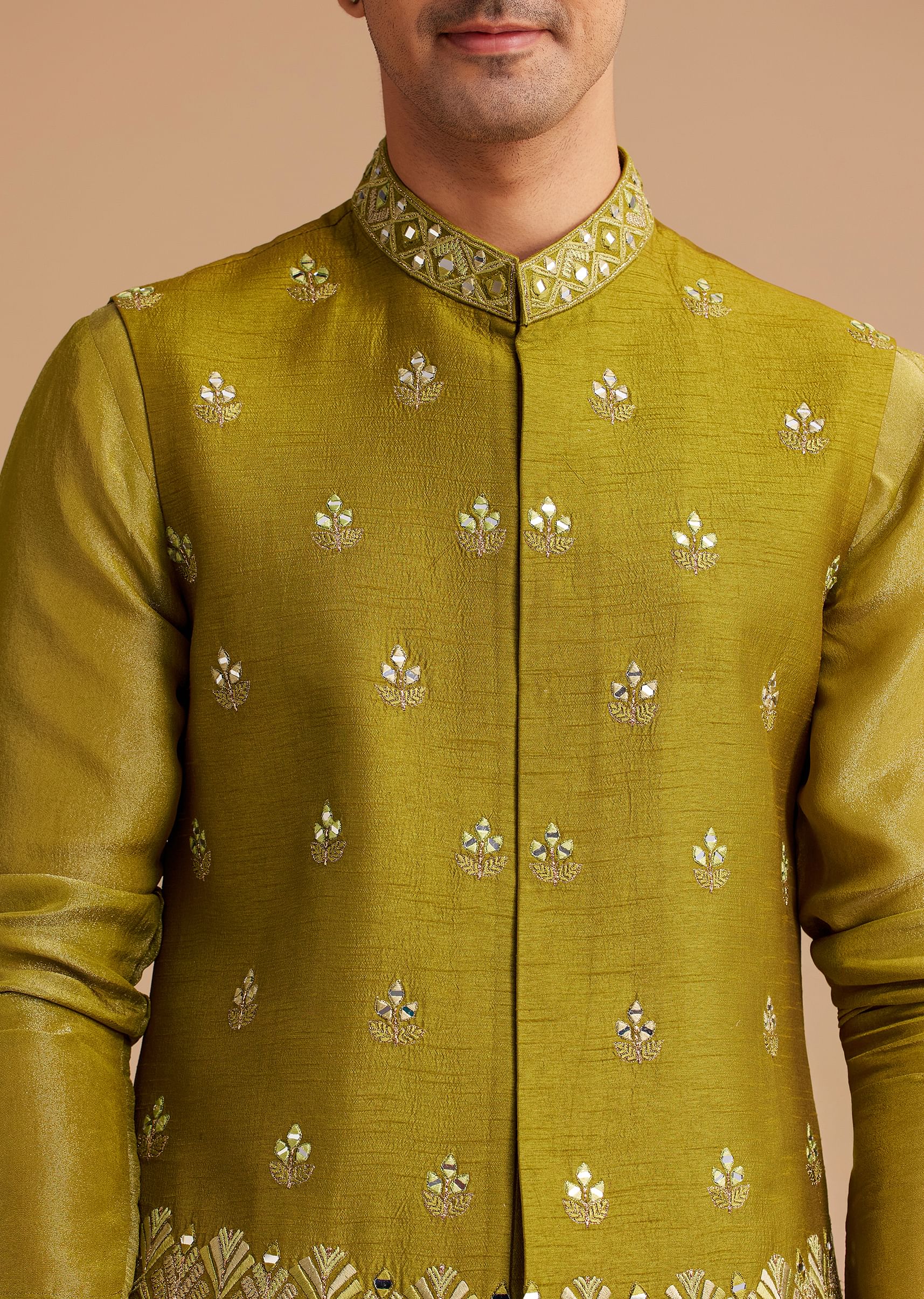 Yellow Tissue Kurta Jacket Set With Resham And Mirror Embroidery - Image 3