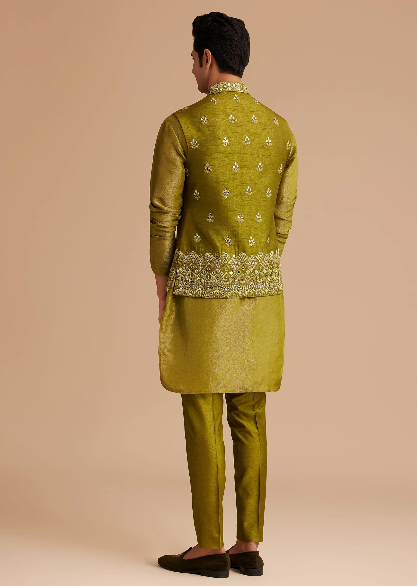 Yellow Tissue Kurta Jacket Set With Resham And Mirror Embroidery - Image 5