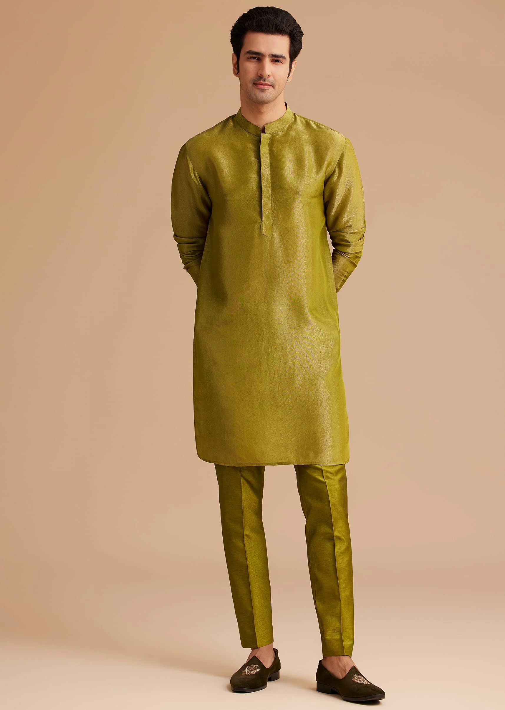 Yellow Tissue Kurta Jacket Set With Resham And Mirror Embroidery - Image 6
