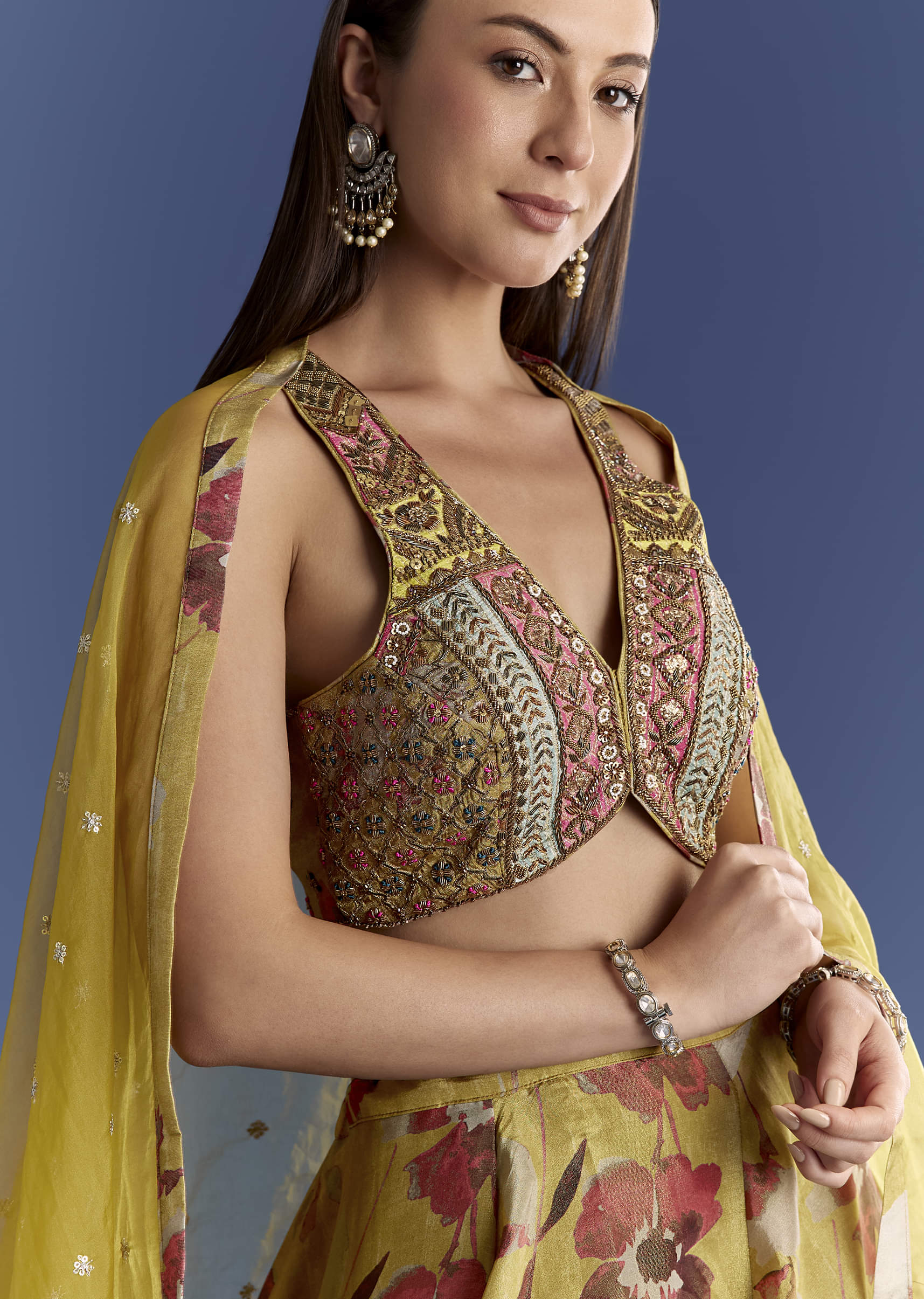 Yellow Tissue Lehenga Set With Zardosi Choli And Sequins Dupatta - Image 3