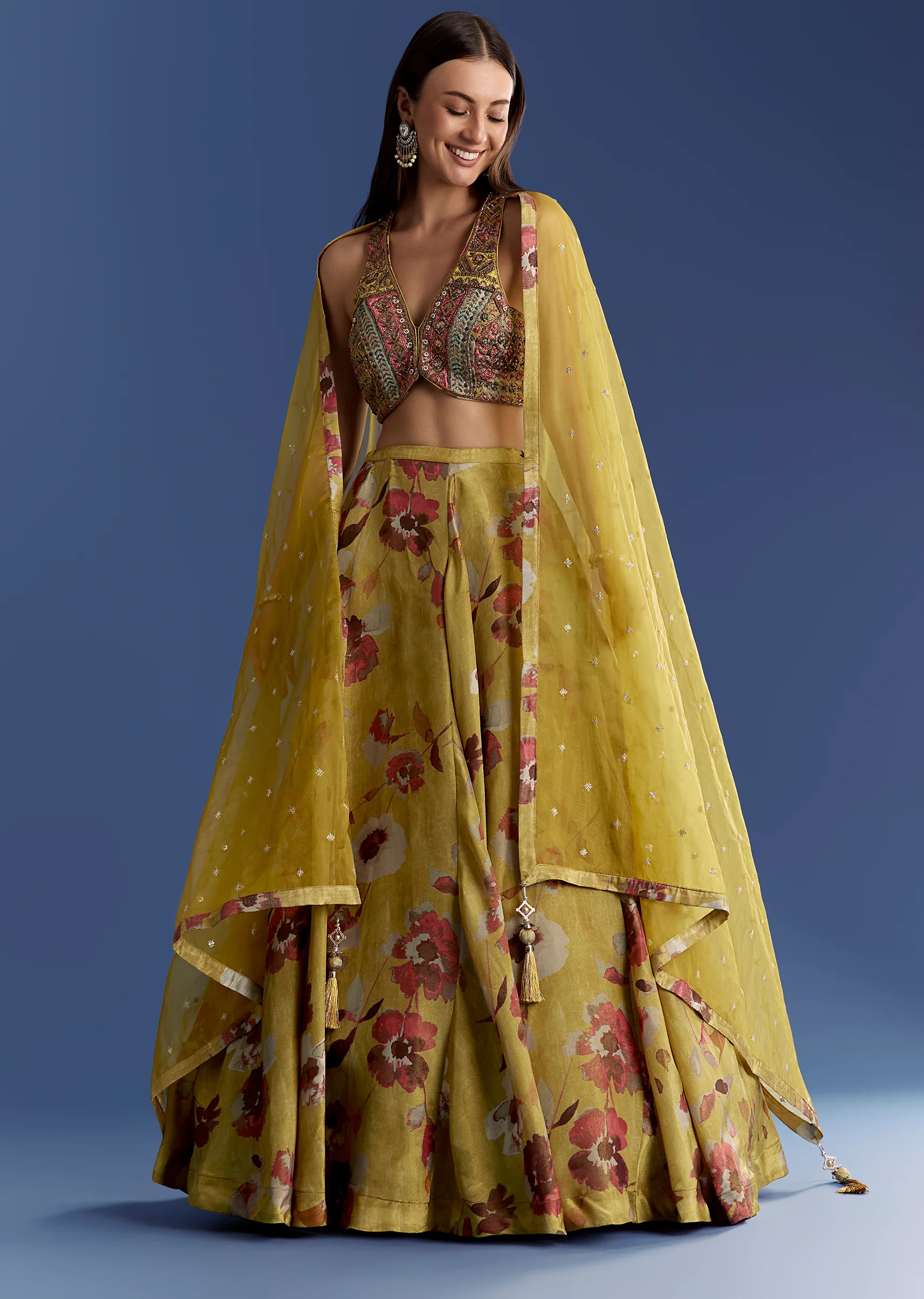 Yellow Tissue Lehenga Set With Zardosi Choli And Sequins Dupatta - Image 4
