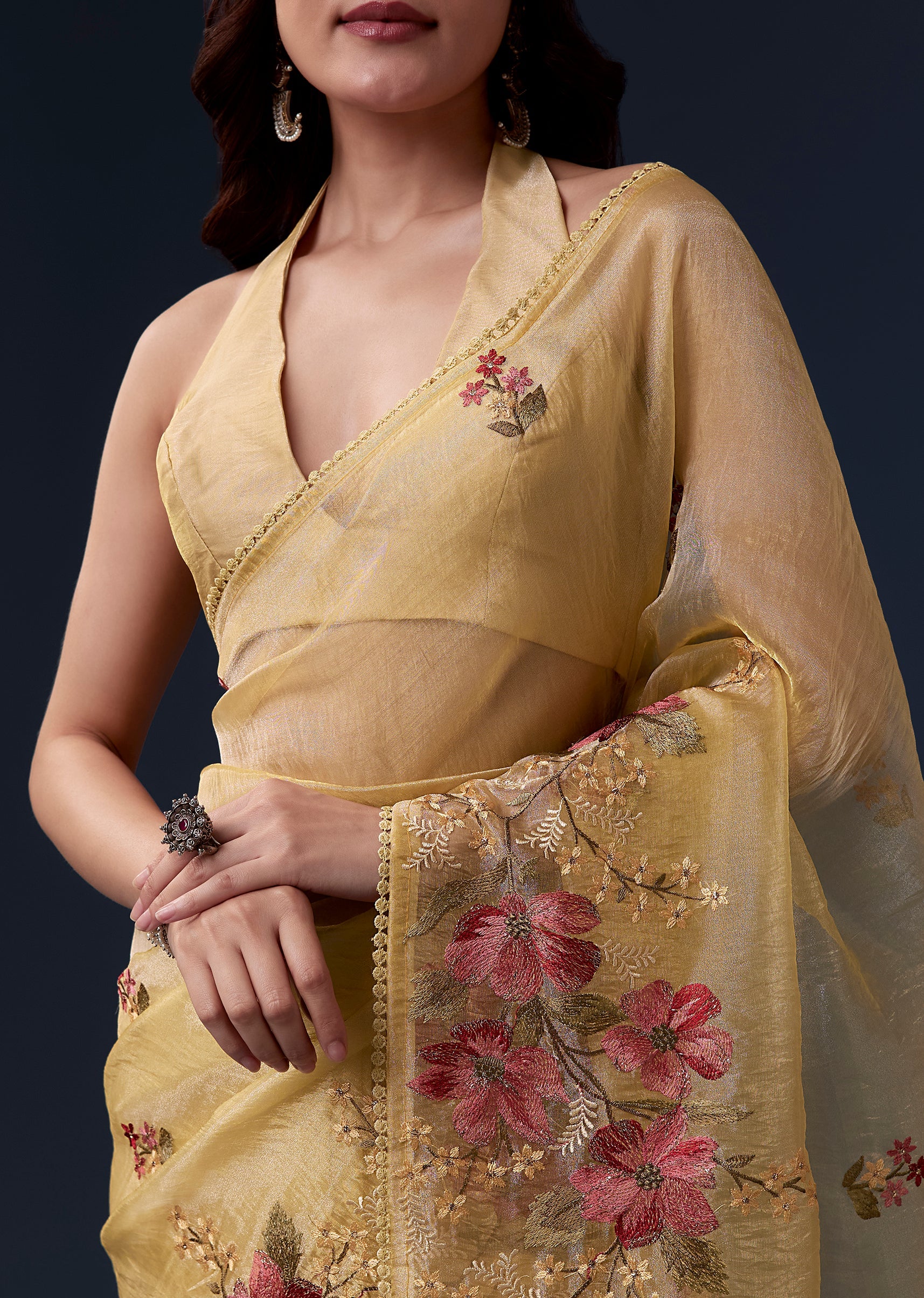 Yellow Tissue Organza Saree With Multicolor Resham Thread And Lace Border - Image 2