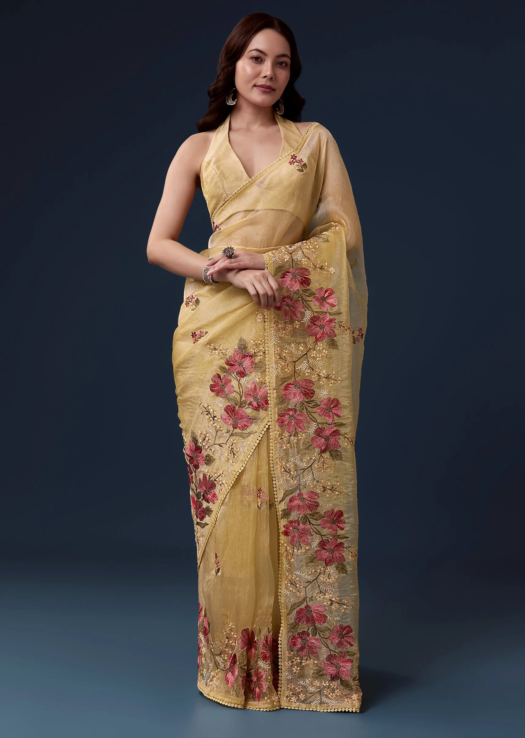 Yellow Tissue Organza Saree With Multicolor Resham Thread And Lace Border - Image 3