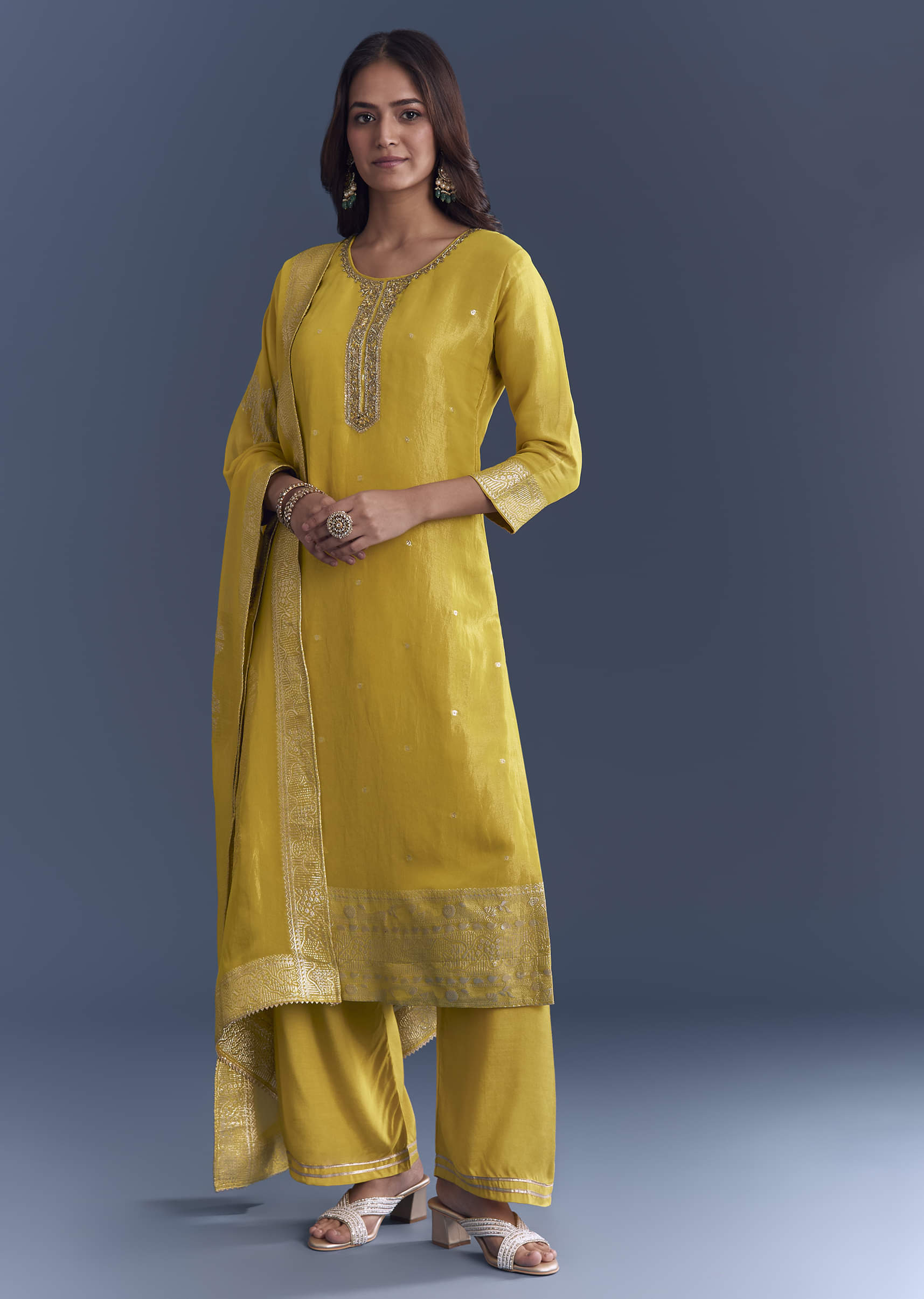 Yellow Tissue Palazzo Suit With Zardosi Embroidery - Image 3