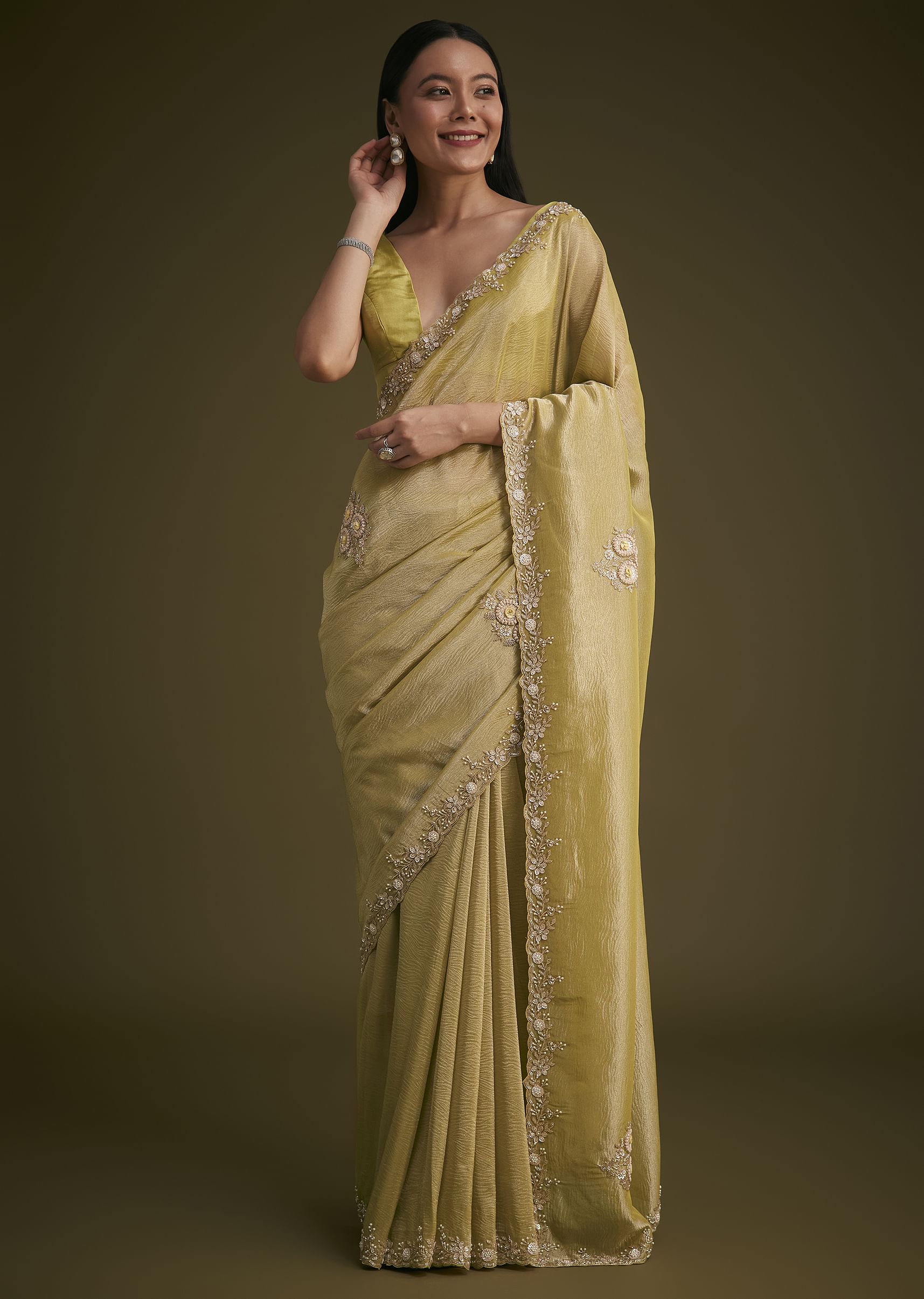 Yellow Tissue Saree With Floral Embroidery - Image 3