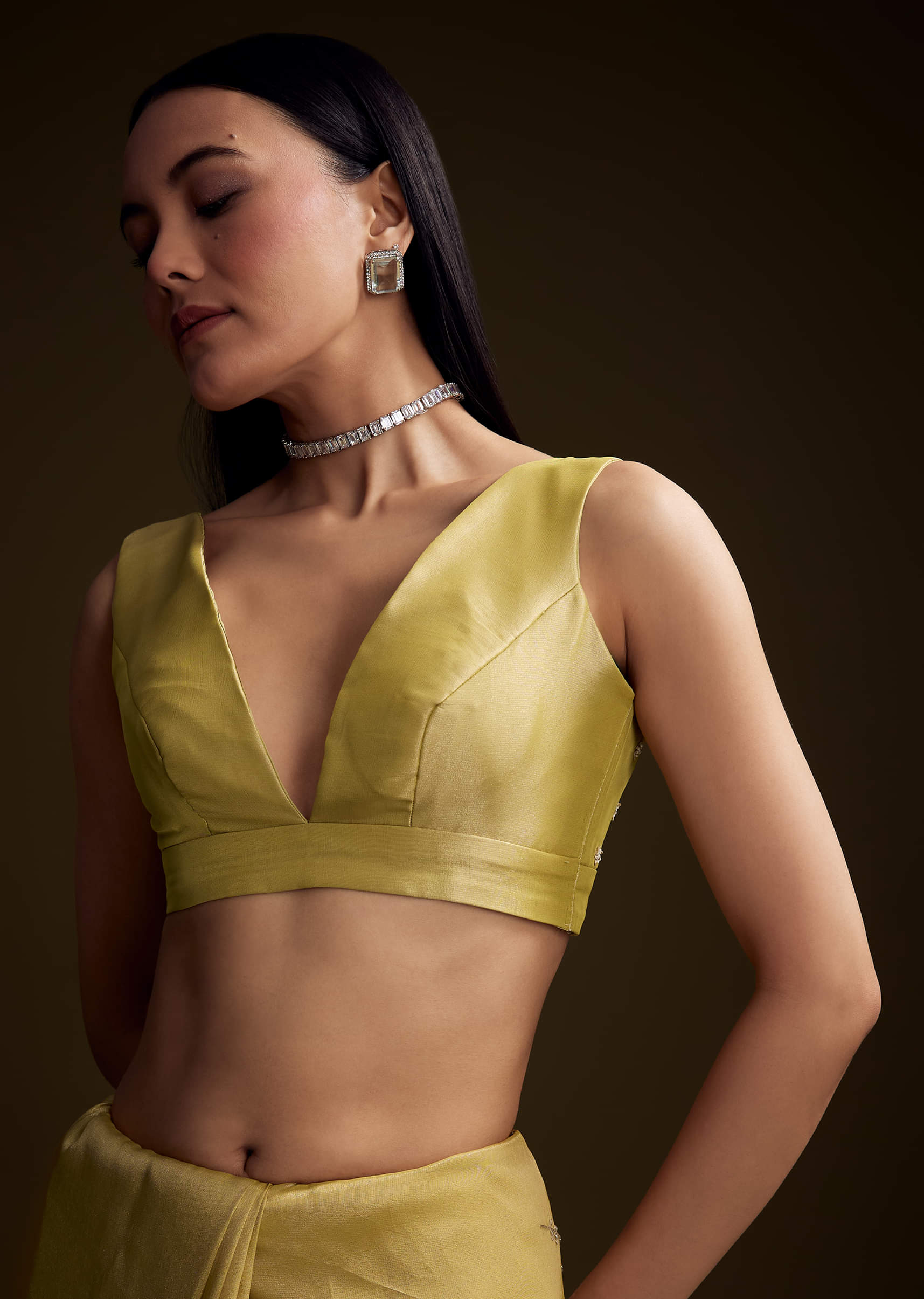 Yellow Tissue Saree With Zardosi And Red Stone Embroidery - Image 6