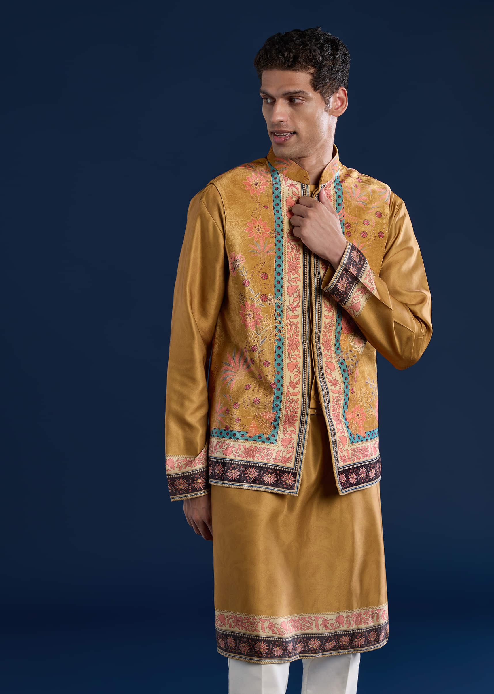 Yellow Velvet Printed Jacket Kurta Set - Image 4