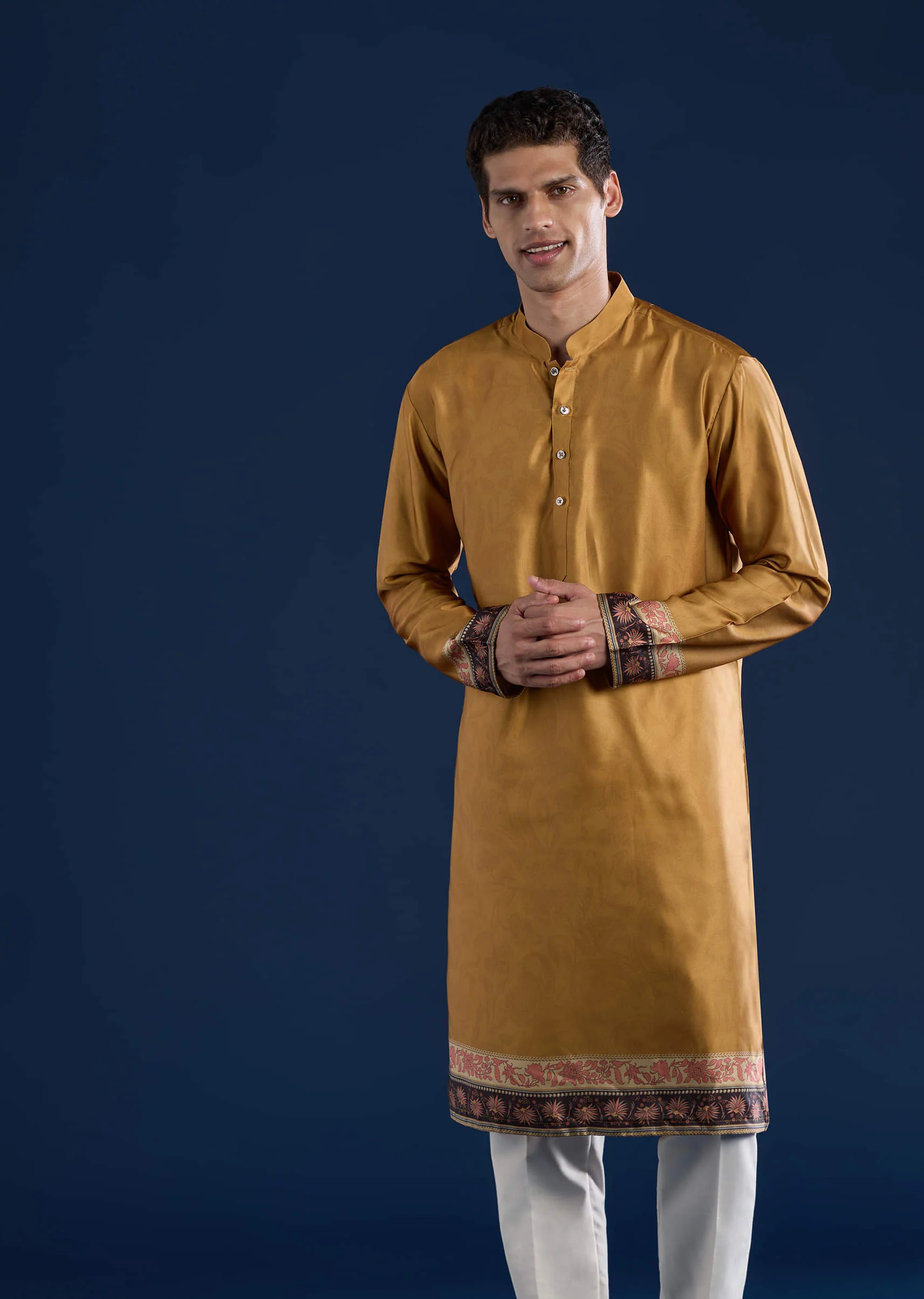 Yellow Velvet Printed Jacket Kurta Set - Image 6