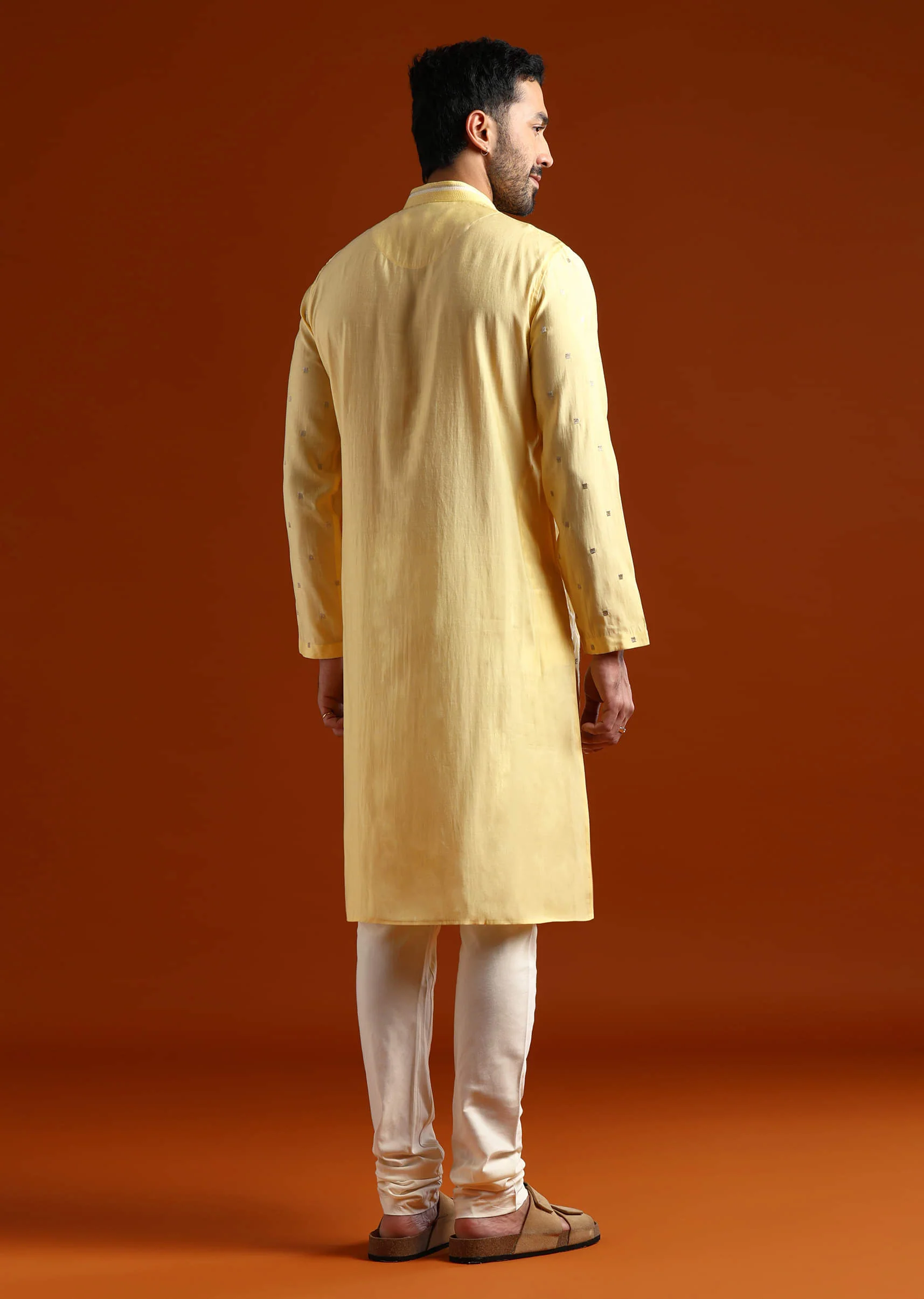Yellow Viscose Kurta Set For Men With Resham Work - Image 4