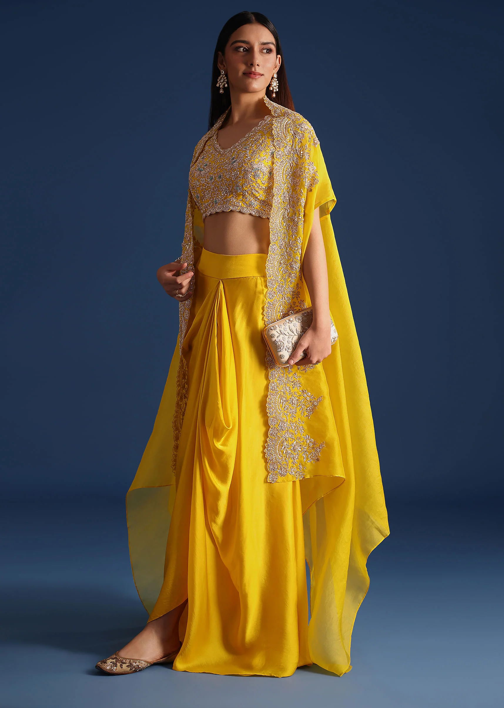 Yellow Zardozi Work Crop Top With Jacket And Skirt - Image 3