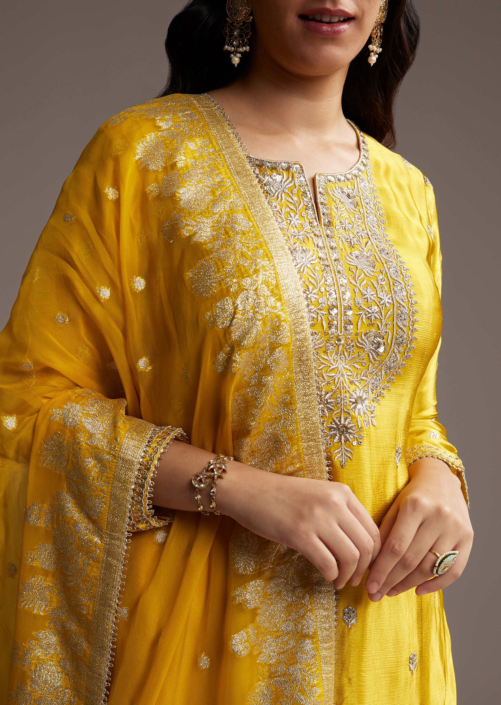 Yellow Zari Palazzo Suit Set With Dupatta - Image 2