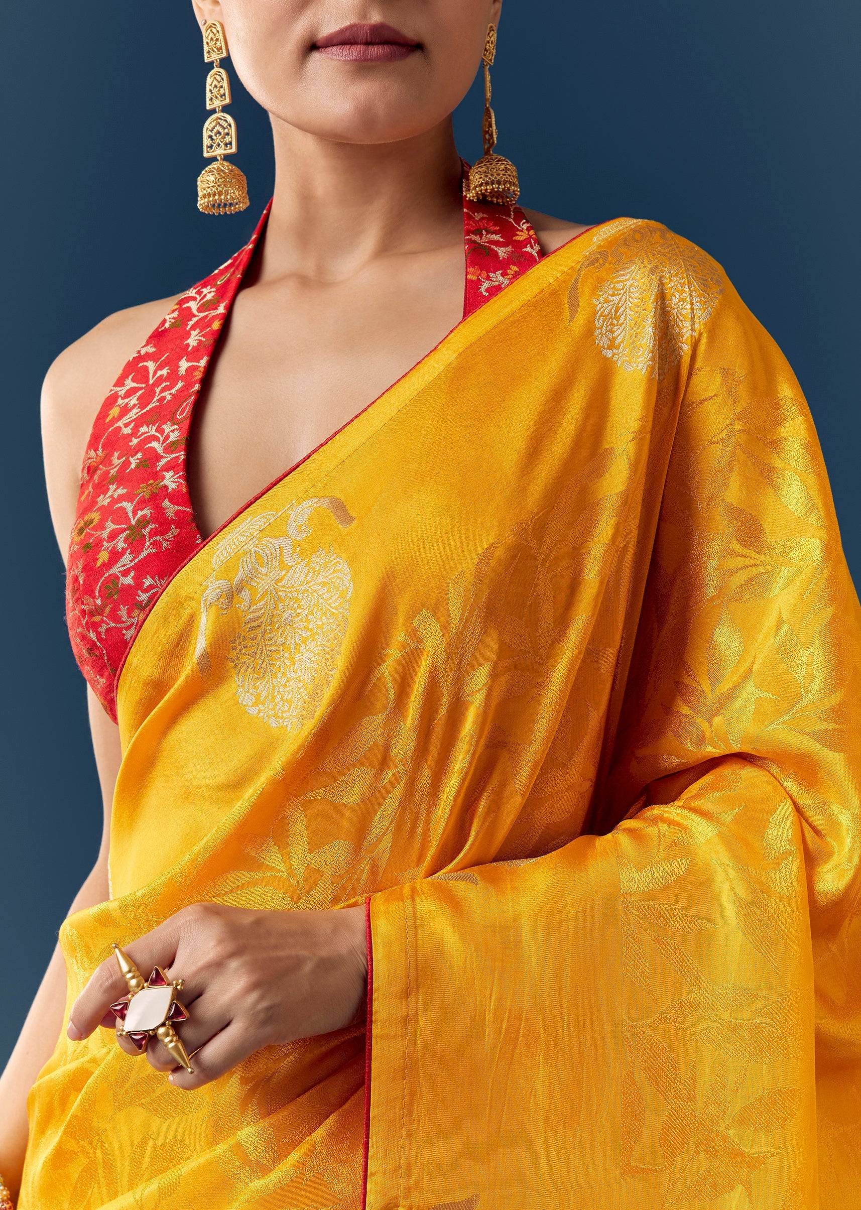 Yellow Zari Woven Jacquard Saree with Contrast Brocade Blouse - Image 2