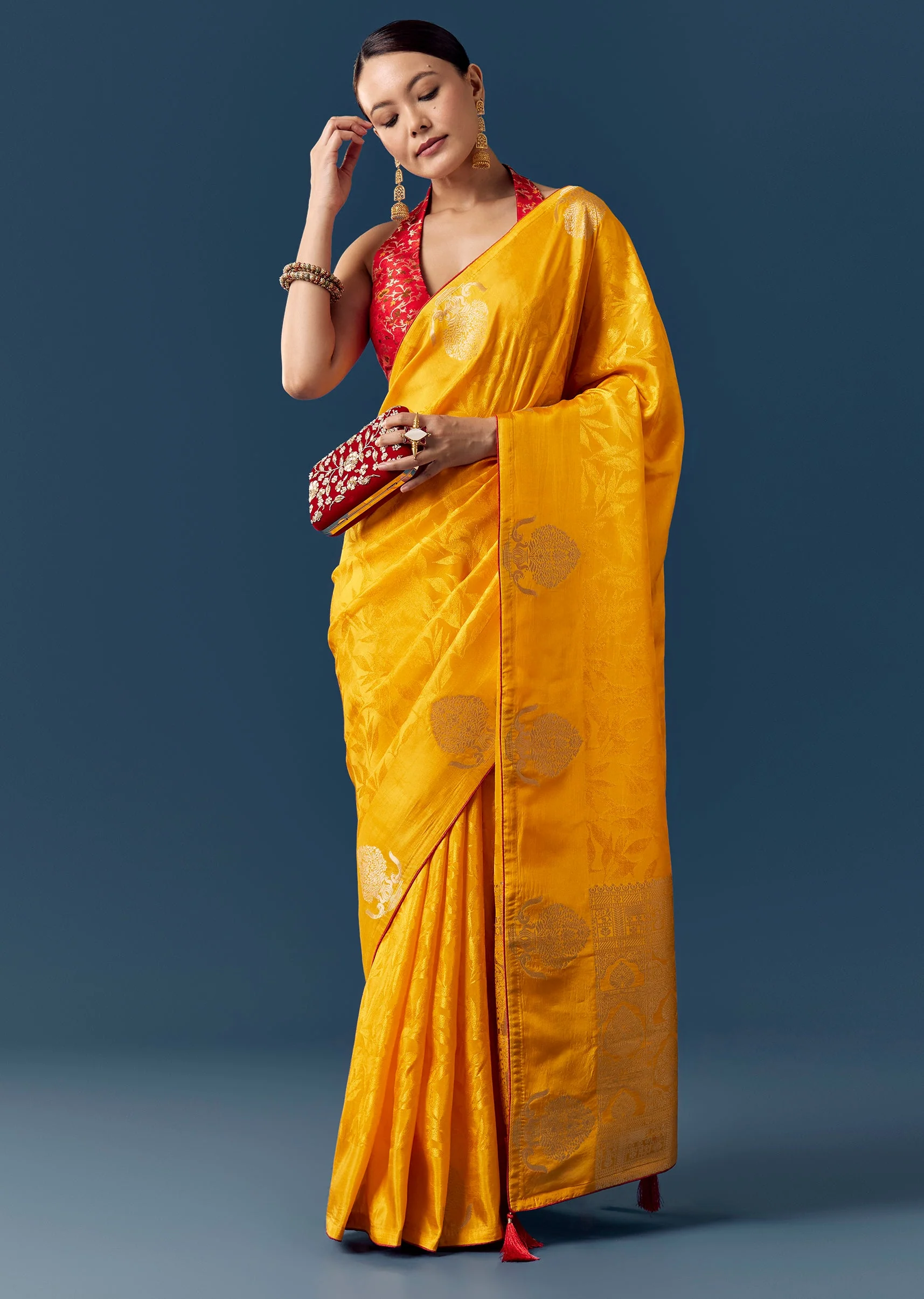 Yellow Zari Woven Jacquard Saree with Contrast Brocade Blouse - Image 3