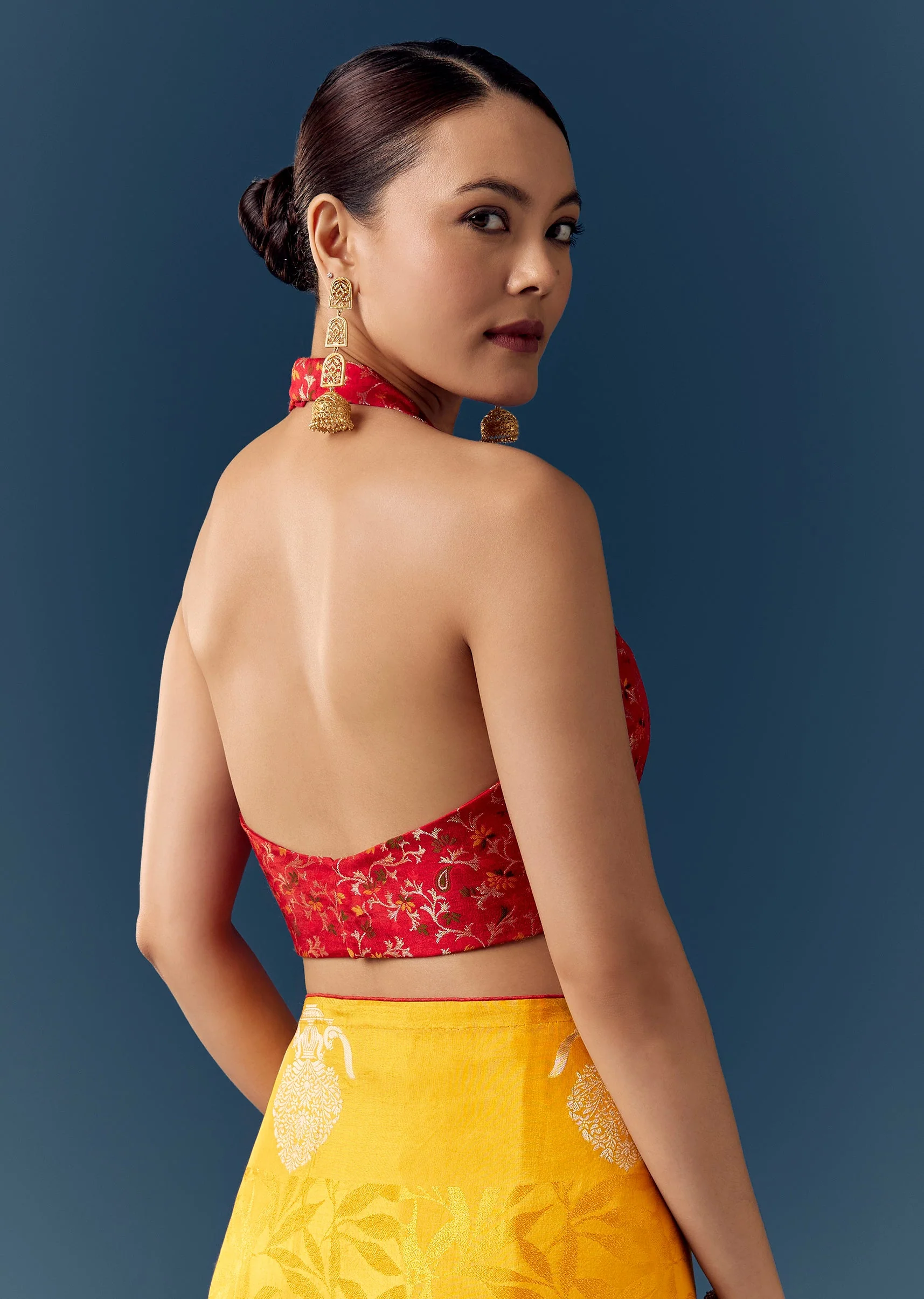 Yellow Zari Woven Jacquard Saree with Contrast Brocade Blouse - Image 8